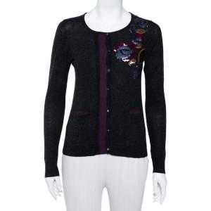 Kenzo Charcoal Grey Wool & Silk Applique Detail Button Front Cardigan S