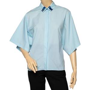 Pre Owned Kenzo Blue Cotton Collar Patch Detail Oversized Sleeve Shirt M
