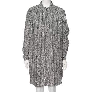 Pre Owned Kenzo Monochrome Printed Cotton Pleated Oversized Shirt Dress S
