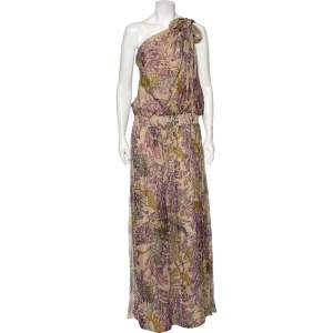 Kenzo Pale Beige Floral Printed Silk Cinched Waist Detail Tie-Up Maxi Dress L