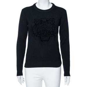 Pre Owned Kenzo Black Wool Knit Flocked Tiger Detailed Sweater M