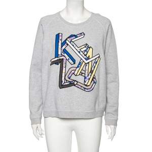 Pre Owned Kenzo Grey Cotton Letter Logo Printed Long Sleeve Crewneck Sweatshirt L