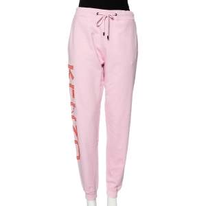 Pre Owned Kenzo Pink Cotton Rib Knit Detailed Logo Printed Sweatpants L