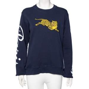 Pre Owned Kenzo Navy Blue Cotton Logo Printed Jumping Tiger Crewneck Sweatshirt S 