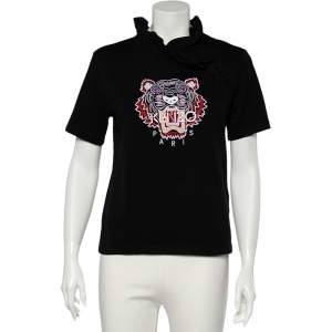 Pre Owned Kenzo Black Cotton Tiger Embroidered Ruffled Trim Detailed Top S 