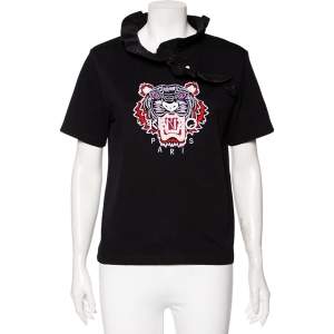 Pre Owned Kenzo Black Cotton Tiger Embroidered Ruffled Trim Detailed Top M