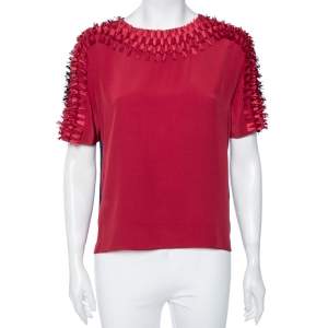 Pre Owned Kenzo Red-Blue Silk Tassel Detailed Top M