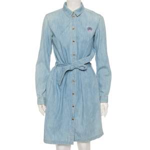 Pre Owned Kenzo Blue Denim Tiger Motif Embroidered Button Front Belted Shirt Dress S 