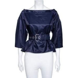 Pre Owned Kenzo Navy Blue Cotton Belted Off Shoulder Top S