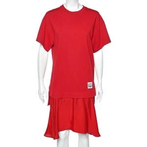 Pre Owned Kenzo Red Cotton & Synthetic Trim Detailed Short Sleeve Dress S