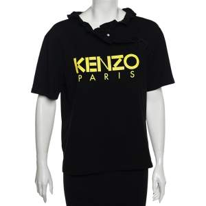 Pre Owned Kenzo Black Logo Printed Cotton Ruffled Neck T-Shirt XL