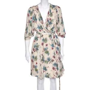Pre Owned Kenzo Cream Floral Printed Silk Wrap Dress L