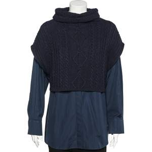 Pre Owned Kenzo Memento Collection 3 Navy Blue Cotton Shirt &  Wool Turtleneck Cropped Sweater Set L