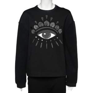 Kenzo Black Fleece Lined Lotus Eye Embroidered Neoprene Sweatshirt M
