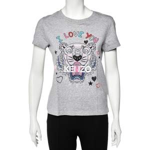 Pre Owned Kenzo Grey Tiger I Love You Printed Cotton Crewneck T-Shirt M