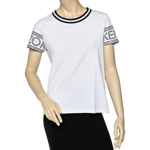 Pre Owned Kenzo White Logo Cotton Printed Sleeve Round Neck T-Shirt L