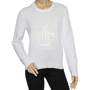 Pre Owned Kenzo White Cotton Knit Tiger Logo Detail Sweatshirt M