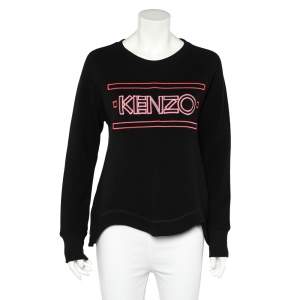Pre Owned Kenzo Black Logo Embroidered Wool Blend Asymmetric Hem Sweater XL
