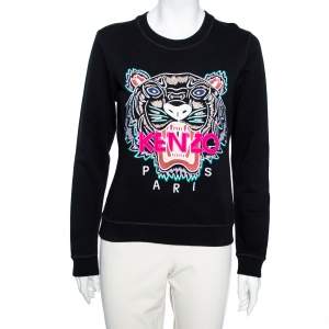 Pre Owned Kenzo Black Tiger Logo Embroidered Cotton Sweatshirt M