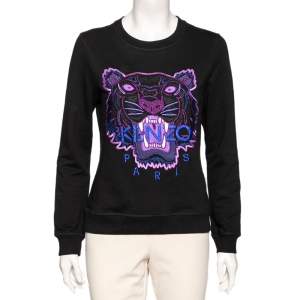 Pre Owned Kenzo Black Cotton & Lurex Embroidered Tiger Crewneck Sweatshirt M