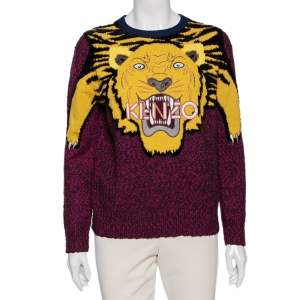 Pre Owned Kenzo Multicolored Tiger Logo Intarsia Knit & Mohair Trimmed Sweater S