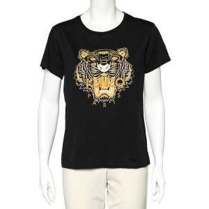 Pre Owned Kenzo Black Metallic Tiger Printed Cotton Crewneck T-Shirt L