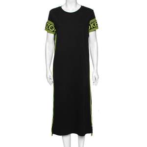Pre Owned Kenzo Black Cotton Logo Band Detailed Short Sleeve Midi T-Shirt Dress L