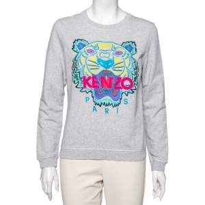 Pre Owned Kenzo Grey Tiger Embroidered Cotton Crew Neck Long Sleeve Sweater M