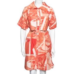 Pre Owned Kenzo Orange Cut-Out Flower Print Cotton & Silk Belted Shirt Dress M