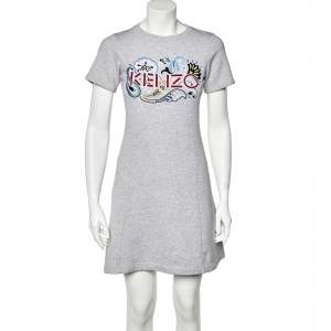 Kenzo Grey Mélange Paisley Embroidered Flared Dress XS