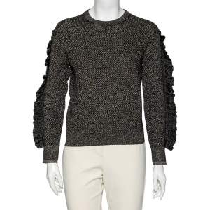 Pre Owned Kenzo Black Lurex Knit Ruffle Trimmed Round Neck Jumper XS
