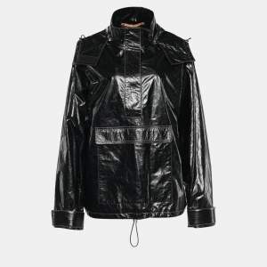 Kenzo Black Crackled Leather Hooded Windbreaker Jacket M