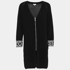 Pre Owned Kenzo Black Knit Logo Printed Cuff Detail Zip Front Long Cardigan S