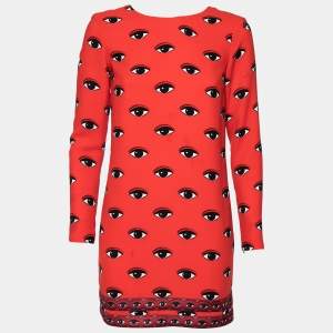 Pre Owned Kenzo Red Lotus Eye Printed Crepe Shift Dress S