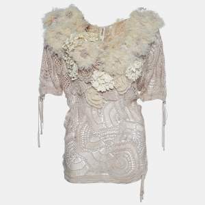 Pre Owned  Kenzo Beige Knit Floral Applique Blouse M