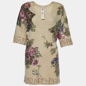 Pre Owned Kenzo Beige Floral Sequin Embellished Wool V-Neck Jumper S