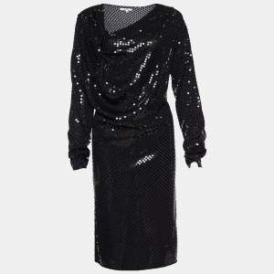 Pre Owned Kenzo Black Sequin Embellished Stretch Silk Draped Neck Dress XL