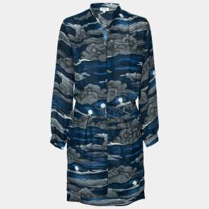 Pre Owned Kenzo Navy Blue Night Cloud Printed Crepe Belted Shirt Dress S