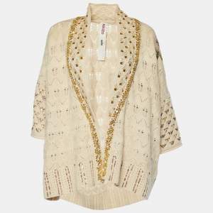 Pre Owned Kenzo Defile Cream Crochet Knit Sequined Cardigan M