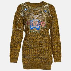 Pre Owned Kenzo Green & Black Cable Knit Tiger Embroidered Sweater Dress S