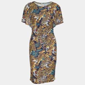 Pre Owned Kenzo Blue Tiger Print Jersey Cutout Back Dress S