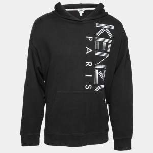 Pre Owned Kenzo Black Cotton Logo Printed Drawstring Hooded Sweatshirt L