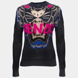 Pre Owned Kenzo Navy Blue Tiger Motif Jacquard Knit Sweater M
