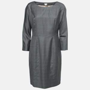 Pre Owned Kenzo Grey Plaid Wool Sheath Dress L