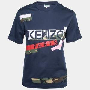 Pre Owned Kenzo Blue Cotton Logo Printed Crew Neck T-Shirt M