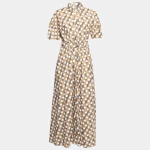 Pre Owned Kenzo Beige Polka Dotted Cotton Button Front Belted Shirt Dress M
