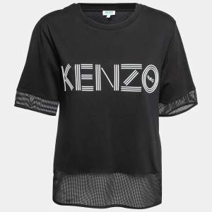 Pre Owned Kenzo Black Logo Print Mesh Detail Cotton Top M