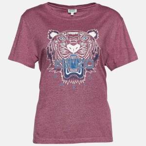 Pre Owned Kenzo Pink Tiger Print Melange Cotton Crew Neck T-Shirt L 