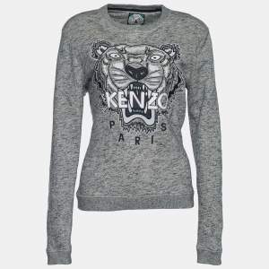 Pre Owned Kenzo Grey Tiger Embroidered Melange Cotton Sweatshirt XL
