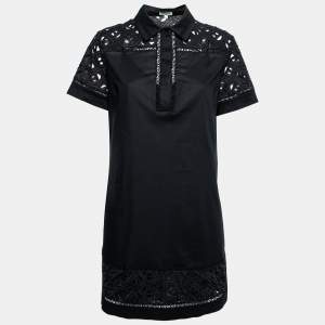 Pre Owned Kenzo Black Cotton Poplin Lace Detailed Short Sleeve Dress M